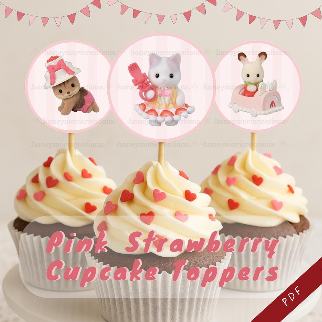 Calico Critters Sylvanian Family Birthday 2" Cupcake Toppers: Pink Strawberry  Party, Digital Printout - Etsy