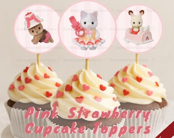Topo de cupcake Calico Critters Sylvanian Family de 5 cm para festa de aniversário: Festa de morango rosa, impressão digital