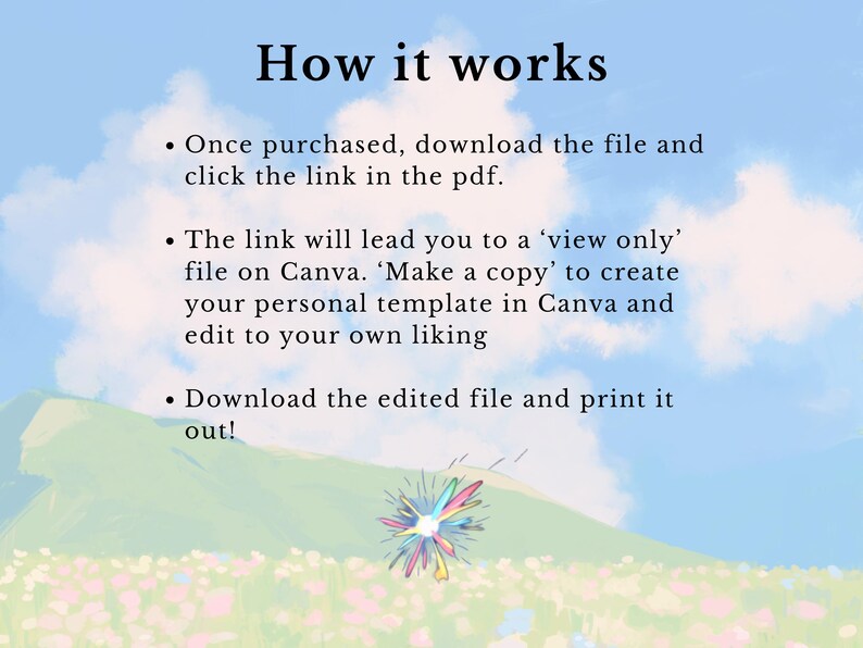 Może przedstawiać: Grafika cyfrowa z tekstem &bdquo;How it works&rdquo; na tle nieba i pola. Instrukcje obejmują pobranie pliku, kliknięcie linku, utworzenie kopii w Canva i edycję szablonu. Ostatnim krokiem jest pobranie i wydrukowanie edytowanego pliku.