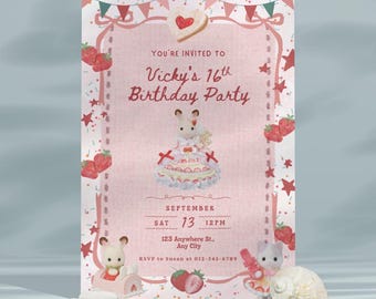 Calico Critters Birthday Invitation Card Sylvanian Families Family Berry Party Pink Strawberry Kids Party Cute Editable Digital Phone Invite