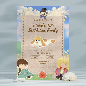 Może przedstawiać: Zaproszenie na przyjęcie urodzinowe o fantazyjnym designie. Zaproszenie zawiera postacie z kresk&oacute;wek, psa i tekst "Vicky's 16th Birthday Party". Data to 13 września o godzinie 12:00. Tło obejmuje niebo i trawiasty teren.