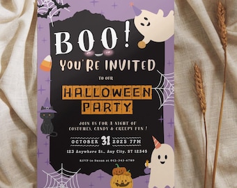 Edytowalne zaproszenie na imprezę halloweenową: duch, kot, fiolet i czerń (do pobrania cyfrowego)