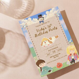 Może przedstawiać: Zaproszenie na przyjęcie urodzinowe z motywem kresk&oacute;wkowym. Zaproszenie zawiera tekst "You're Invited to Vicky's 16th Birthday Party". Zawiera ilustracje z kresk&oacute;wek przedstawiające psa, dziewczynę, chłopca i małe czerwone stworzenie. Data to 13 września.