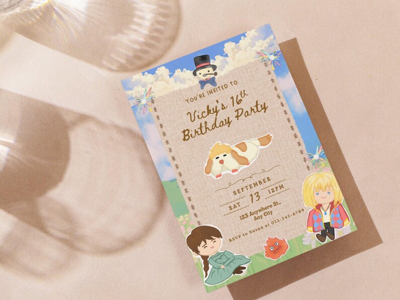 Może przedstawiać: Zaproszenie na przyjęcie urodzinowe z motywem kresk&oacute;wkowym. Zaproszenie zawiera tekst "You're Invited to Vicky's 16th Birthday Party". Zawiera ilustracje z kresk&oacute;wek przedstawiające psa, dziewczynę, chłopca i małe czerwone stworzenie. Data to 13 września.