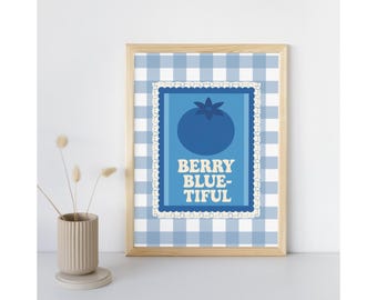 Blueberry Gingham Kitchen Print: Retro Cottagecore Fruit Wall Art (Digital Download