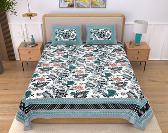 Hand Block Printed Cotton Bed Cover Set: Floral Jaipuri Design