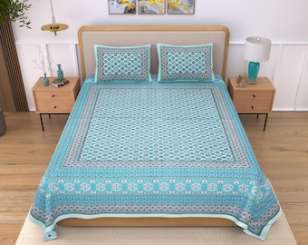 Hand Block Printed Cotton Bed Cover Set: Jaipuri Floral Bedsheet