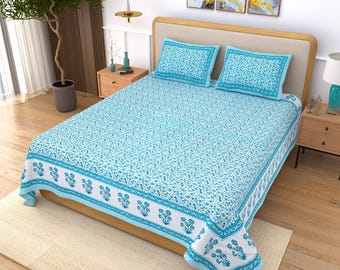 Juego de Sábanas Boho con Estampado Floral Azul, Sábana de Algodón Suave y Ligera con 2 Fundas de Almohada (Plana o Ajustable, King/Queen)