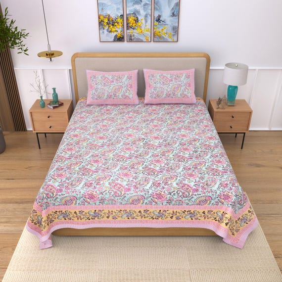Hand Block Print Jaipuri Cotton Bedsheet Set: Queen Size Floral Bedding