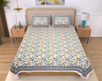 Jaipuri Hand Block Print Cotton Bedsheet Set | Floral Boho Bedsheets