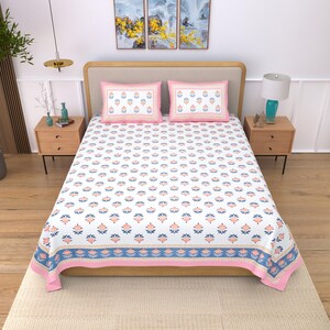 Hand Block Print Jaipuri Cotton Bedsheet Set: Queen Size Floral Bedding Blush Pink & White