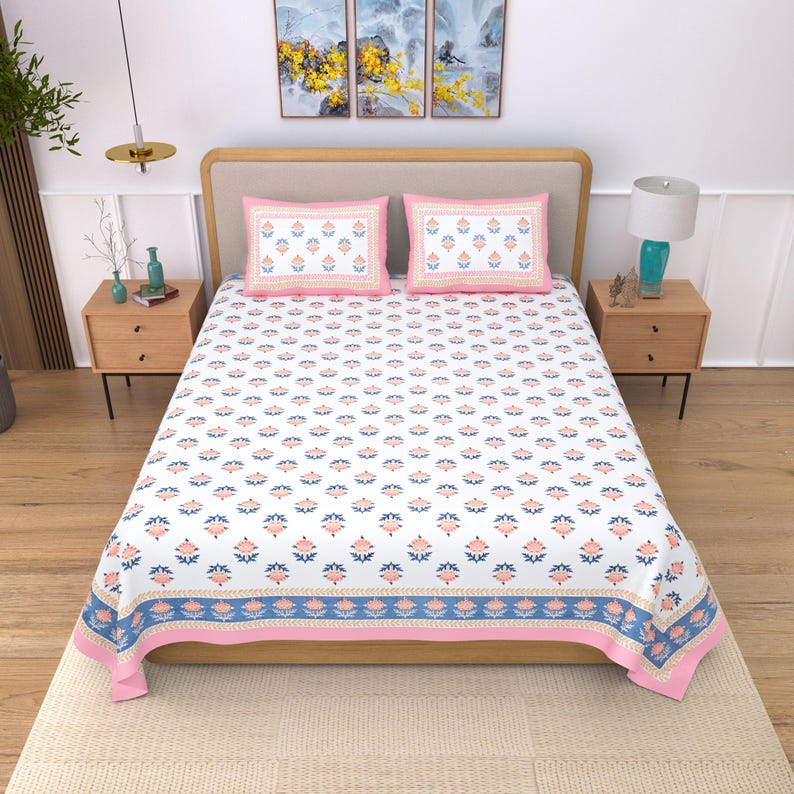 Hand Block Print Jaipuri Cotton Bedsheet Set: Queen Size Floral Bedding Blush Pink & White