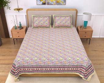 Parure de lit géométrique Jaipuri multicolore, literie en coton imprimé bloc indien, couvre-lit à motif ethnique avec taies d’oreiller,