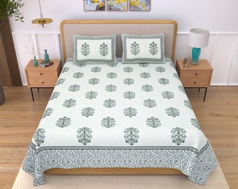 Sábana de algodón Jaipuri con estampado de bloques a mano y dos fundas de almohada – Motivo floral étnico