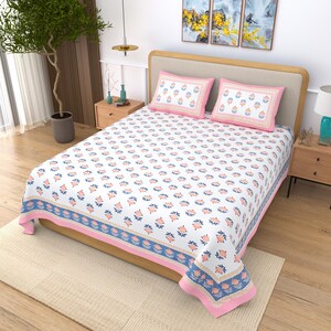 Hand Block Print Jaipuri Cotton Bedsheet Set: Queen Size Floral Bedding image 9