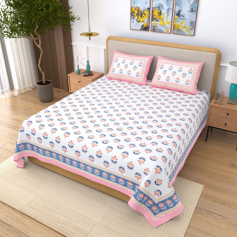Hand Block Print Jaipuri Cotton Bedsheet Set: Queen Size Floral Bedding image 9