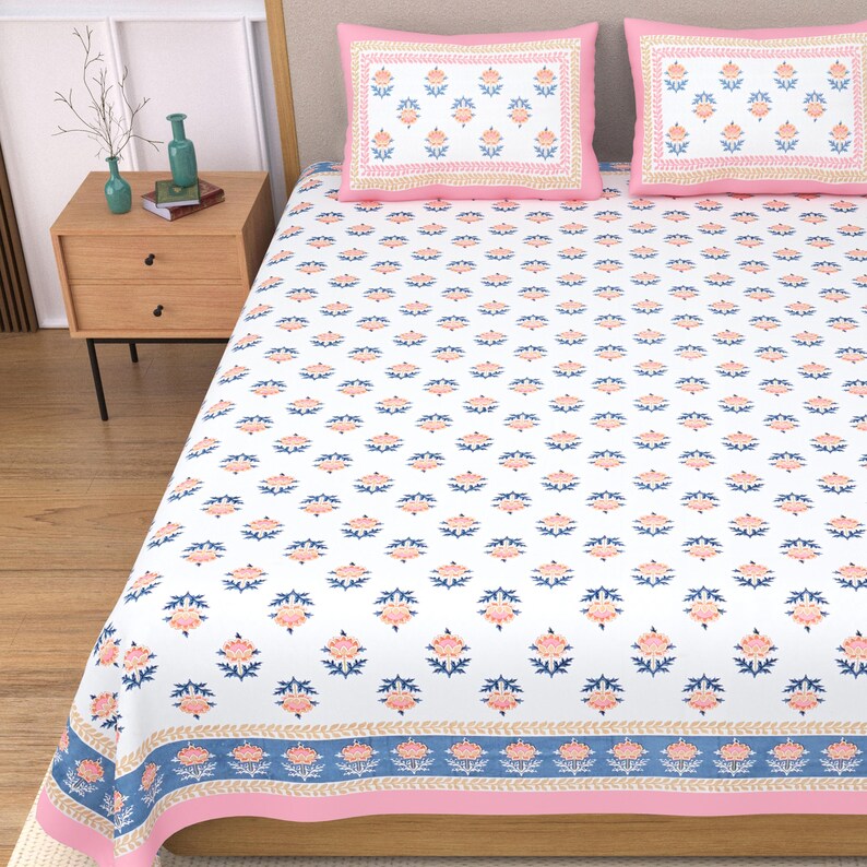 Hand Block Print Jaipuri Cotton Bedsheet Set: Queen Size Floral Bedding image 10