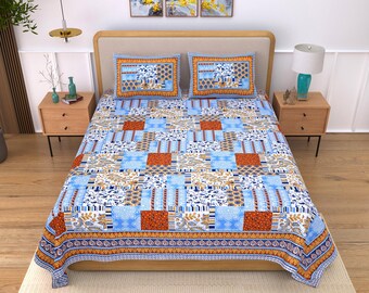 Blaues Boho Patchwork Bettwäsche-Set, Indische Blockdruck Baumwollbettwäsche, Jaipuri Ethno Tagesdecke mit Kissenbezügen, Queen Größe
