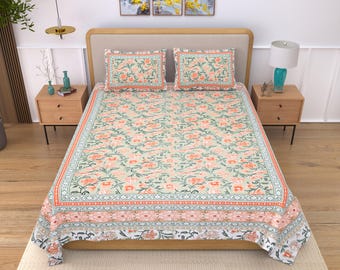 Hand Block Printed Cotton Bed Cover with Pillow Cases: Jaipuri Floral Bedsheet