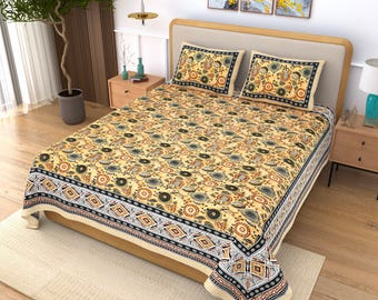 100% Cotton Hand Block Print Bedsheet, Mustard Floral Indian Bedding, Boho Farmhouse Decor