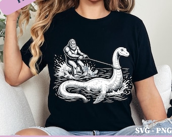 Bigfoot Water Skiing Behind Nessie Cryptid Humor PNG SVG, Sasquatch Loch Ness Monster Lake Adventure Funny Cryptid Design (Digital Download)