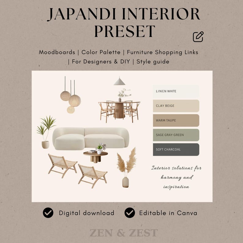 Japandi Mood Board Template: Interior Design Kit, Editable in Canva ...