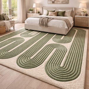 Green Geometric Tufted Wool Rug Modern Organic Line Pattern Cream Luxury Handmade Area Rug Plush Living Room Decor 8x10 9x12 Custom Size