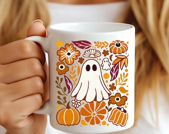 Sunflower Ghost Coffee Mug, Spooky Witchy Mugs for Ghost Lovers, Festive Halloween Ceramic Mug, Halloween Coffee Mug, Floral Ghost Mug
