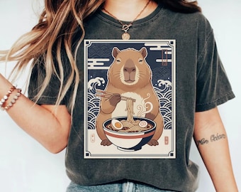 Camiseta de ramen de capibara, fideos japoneses, divertida camiseta de animales, regalo para amantes de los capibaras, diseño único, ropa cómoda.