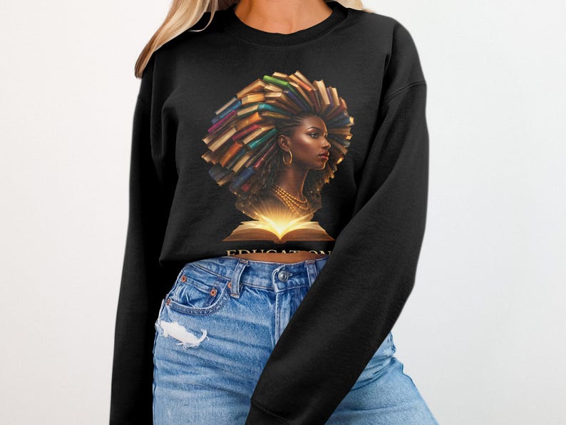 Black Sweatshirt with Vibrant Afro Woman and Books Design, Unique Art Print, Cozy Crewneck, Cool Graphic Pullover for Women