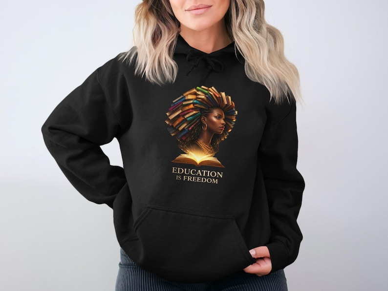Education Is Freedom Hoodie, Black Hoodie with Colorful Book Design, Inspirational Book Lover Gift, Cozy Reading Sweatshirt