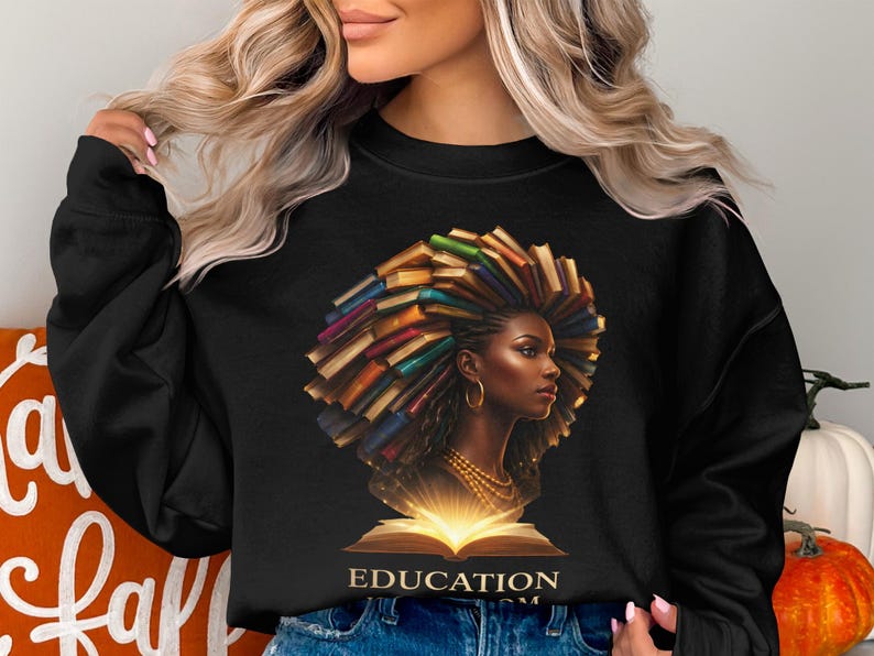 Empowering Education Afro Lady Book Head Sweatshirt, Black Women Intellectual Graphic Pullover, Inspirational Teacher Gift