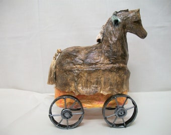 Handmade Paper Mache Box, Horse Topped Box, Trojan Horse, Horse Art, Paper Mache Box/Container, Horse Cart Box, Secret Box Sculpture,