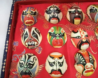 Vintage Mini Clay Painted Masks, Chinese Huishan Clay Masks,Peking Opera Masks, Chinese Ancient Face Painting, very old Set of 20 tiny masks