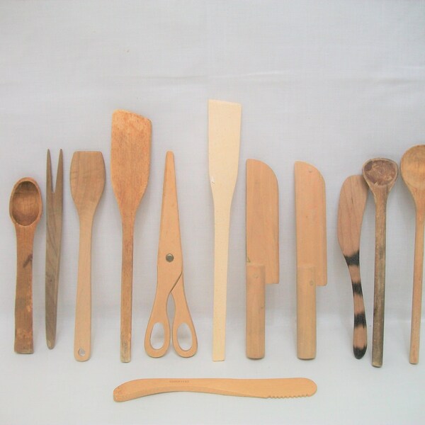 Set of Twelve Small Wood Spoons and Odds an Ends, Vintage Wood Utensils, Wood Butter Knife and Spoon Collection, Kitchen Spoon Collection