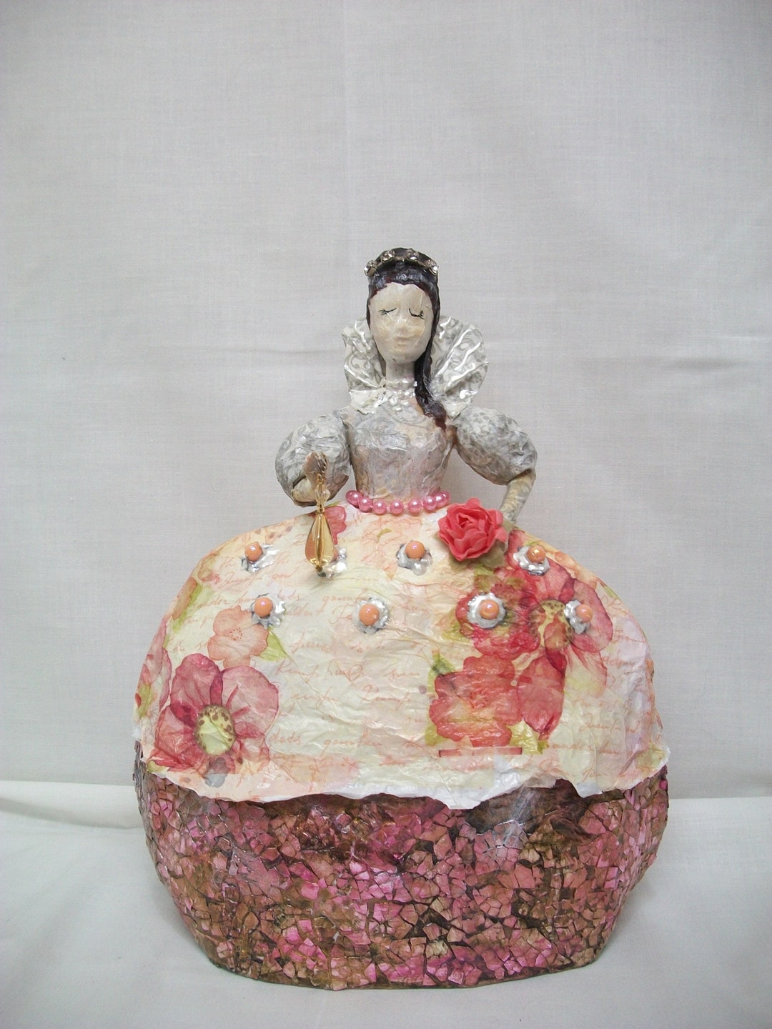 Handmade Paper Mache Box, Doll Topped Box, Paper Mache Art Box, Paper