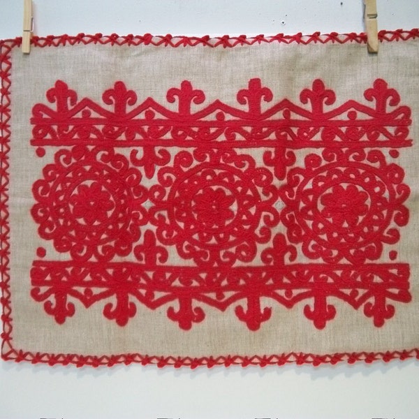Vintage Austrian Embroidery, Pillow Sham or Wall Hanging, Beautiful Handmade Embroidered  Pillow Cover, Red Crewel Work, Scandinavian Art,