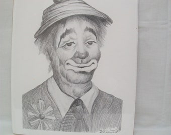 Vintage Charcoal Print, Happy Clown Wall Art, 1973 Art, BJ Concato Artist, Clown Sketch, Balck and White Charcoal Art.