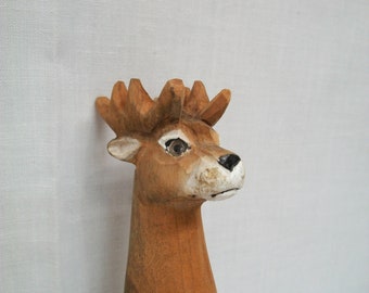 Handmade Vintage Carved Wood Deer Pen, Reindeer pen, Hand Carved wood Deer Figure, Vintage Wood Deer Figure, Christmas Decor,