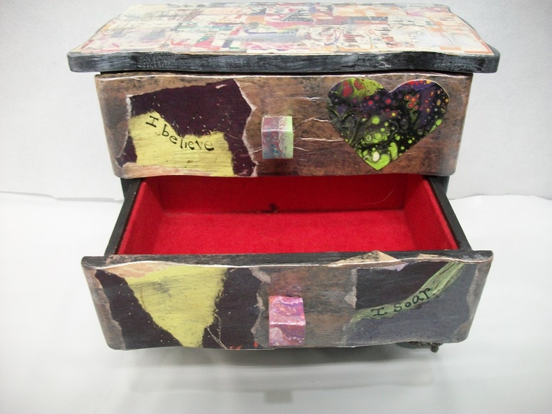 Vintage, Wood Jewelry Box, Music Box, Handmade Mix Media Restored Jewelry Box, Three Draw Jewelry Box, Wind Up Music Box, Jewelry Storage, image 5
