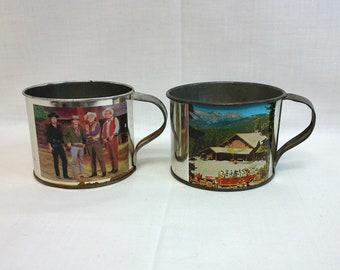 Vintage Tin Cups, Ponderosa Ranch, Bonanza Memorabilia, Set of Two Cups, Vintage 1960s, TV Show Souvenir, Bar Accessories, Nevada Souvenir,