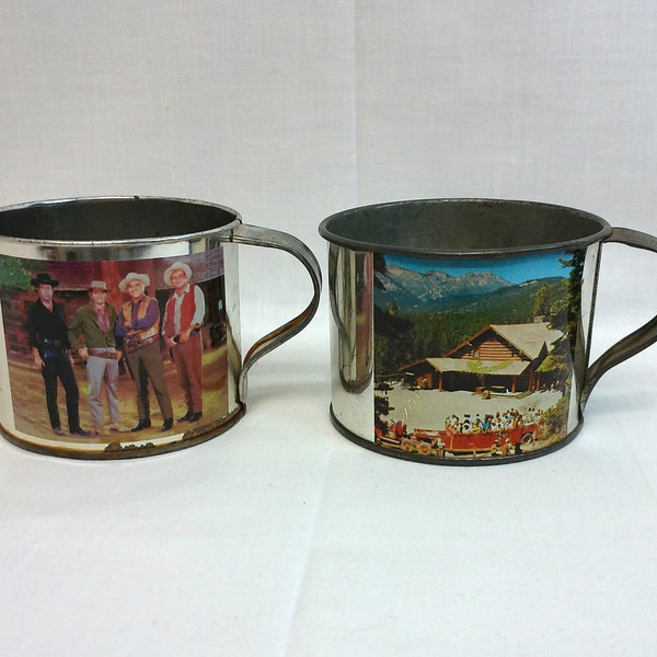 Vintage Tin Cups, Ponderosa Ranch, Bonanza Memorabilia, Set of Two Cups, Vintage 1960s, TV Show Souvenir, Bar Accessories, Nevada Souvenir,