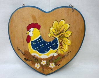 Vintage, Handmade Chicken Art, Painted Chicken Art, Chicken on Wood Heart, Folk Art, Farmhouse Decor, Colorful Chicken Wall Hanging