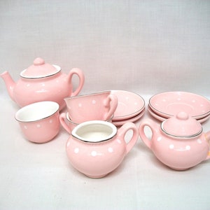 Vintage Childs Tea Set Small Tea Set Pink Polka Dot Tea Set