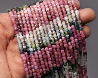 Genuine Multicolor Tourmaline Faceted Cube Beads - 4mm to 4.5mm Natural Translucent Pastel Box Shape Strand 12.5 Inches