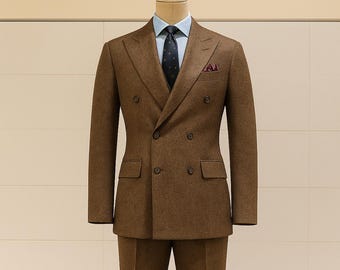 ブラウン ツイード スリーピーススーツ ブラウンツイードの3ピーススーツ、エレガントなカスタム仕立ての