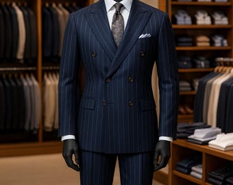 Puede incluir: Un traje azul marino a rayas finas sobre un maniquí. El traje incluye una chaqueta cruzada, una camisa blanca, una corbata estampada y un pañuelo de bolsillo. Zapatos de cuero marrón completan el conjunto. El texto "AMANIQUEATTIRE" es visible.