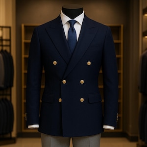 Könnte beinhalten: Ein marineblauer, zweireihiger Blazer mit goldenen Knöpfen, kombiniert mit einer grauen Hose, einem weißen Hemd und einer blauen Krawatte. Das Outfit wird auf einer Schaufensterpuppe in einem Bekleidungsgeschäft präsentiert.