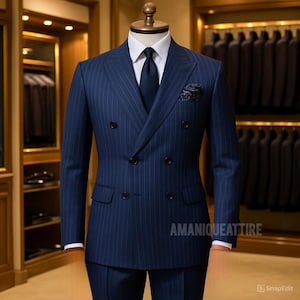 May include: A navy blue double-breasted suit with subtle pinstripes, displayed on a mannequin. The suit includes a matching tie, pocket square, and a white dress shirt. The suit is tailored with a classic fit. The text "AMANIQUEATTIRE" is visible on the suit.