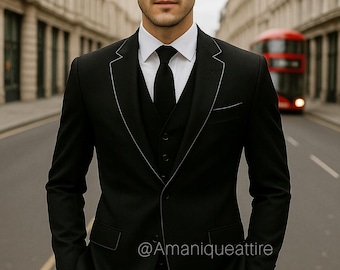 Men's Slim Fit Black 3-Piece Suit: Wedding, Business, Party